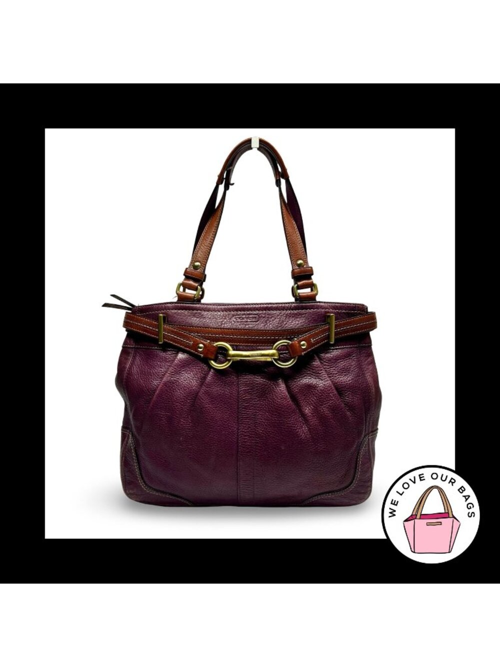 Y2K COACH HAMPTON CARRYALL Purple Bordeaux Leather Pleated Belt Tote Bag 12476